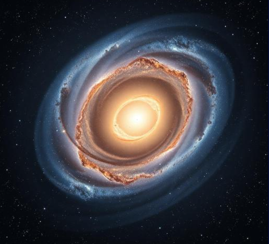 A massive glowing spiral galaxy in deep space with millions of stars, showing cosmic scale.